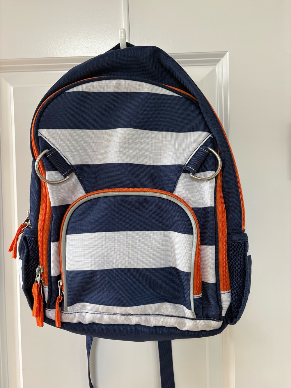 Pottery Barn Kids Navy and White Striped Nautical Backpack with Orange Trim
